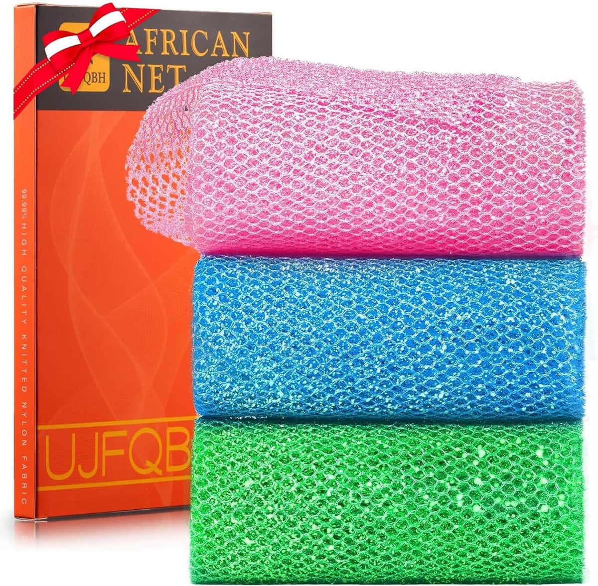 UJFQBH African Net Exfoliating Bath Sponge Set – 3 Pieces